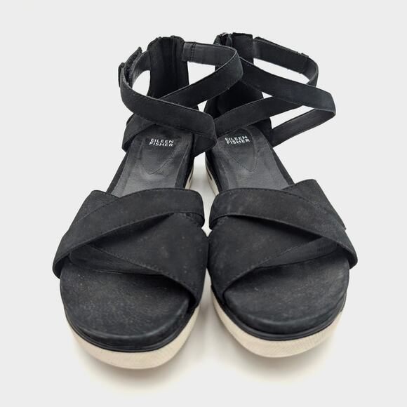 Eileen Fisher Sally Wedge Sporty Sandals Woman's Black Size US11 EU41.5 - Picture 2 of 12